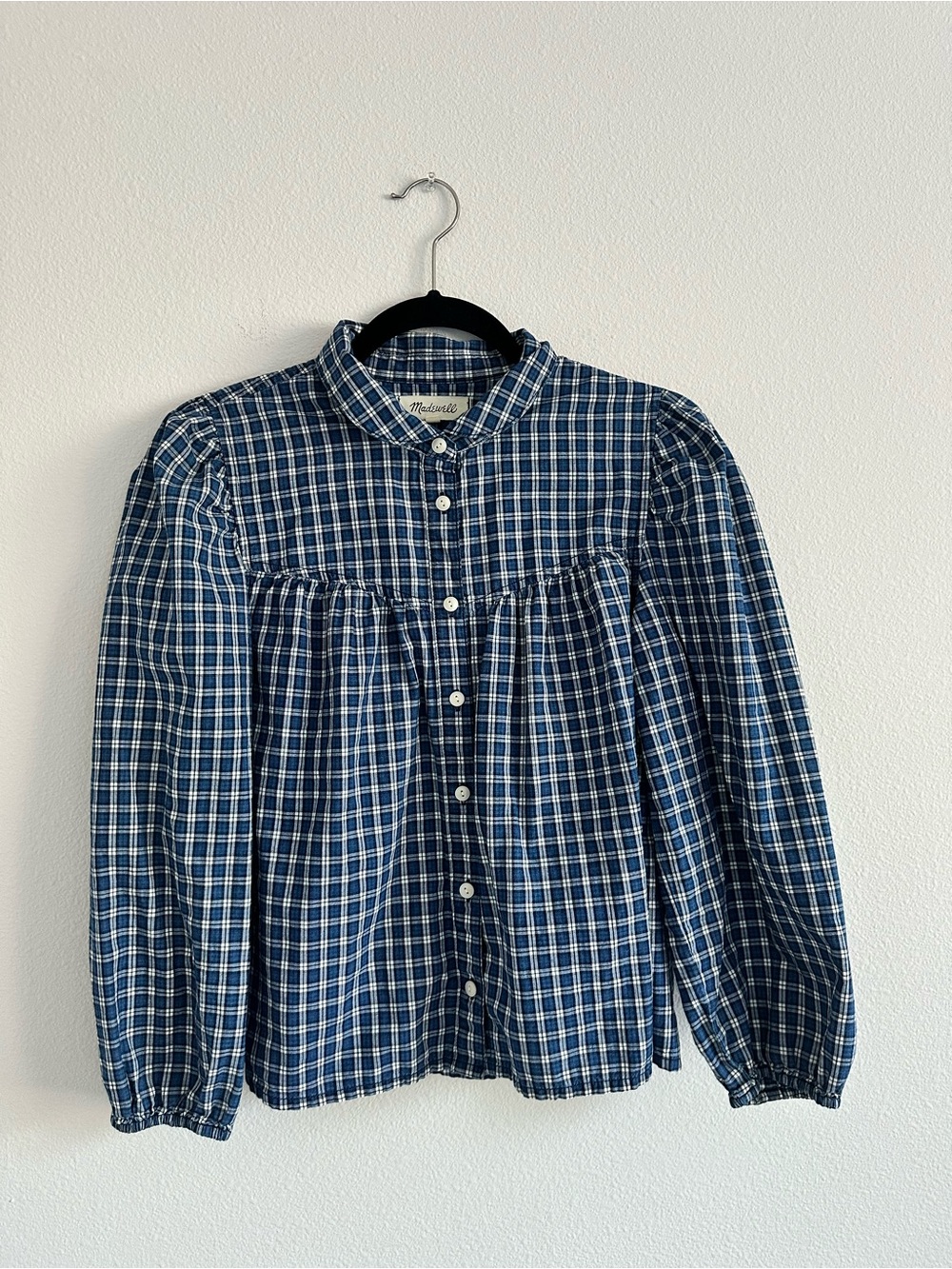 Madewell Blue Plaid Peter Pan Collared Blouse Puff Sleeve Size M Cottagecore